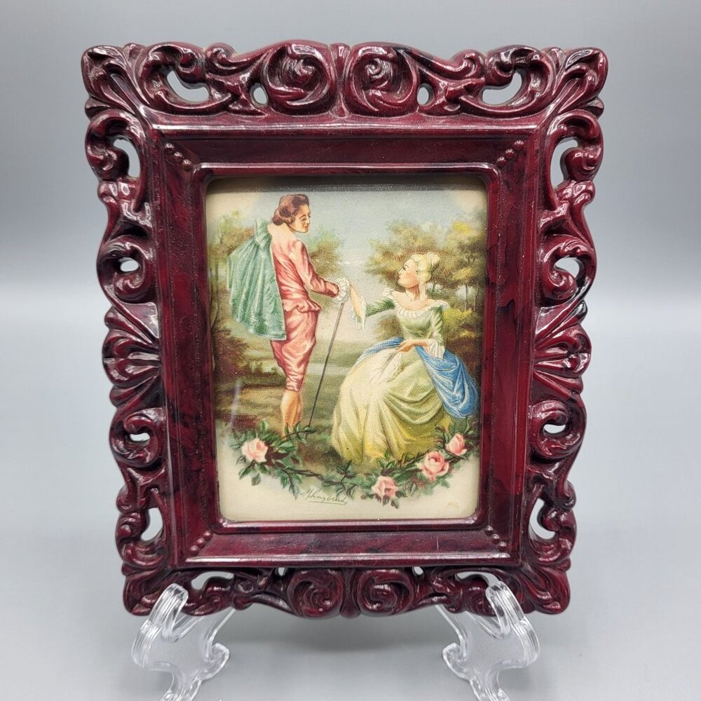 Vtg Ornate Burgundy Picture Frame Romantic Victorian Scene Artwork Beveled Glass